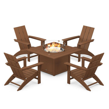 POLYWOOD Modern 5-Piece Adirondack Chair Conversation Set w/ Fire Pit Table - Teak